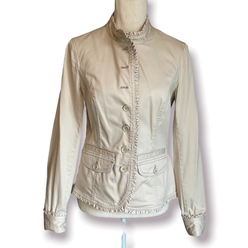 White House Black Market Blazer Jacket Fitted Ruffle Trim Khaki Women’s Size 6